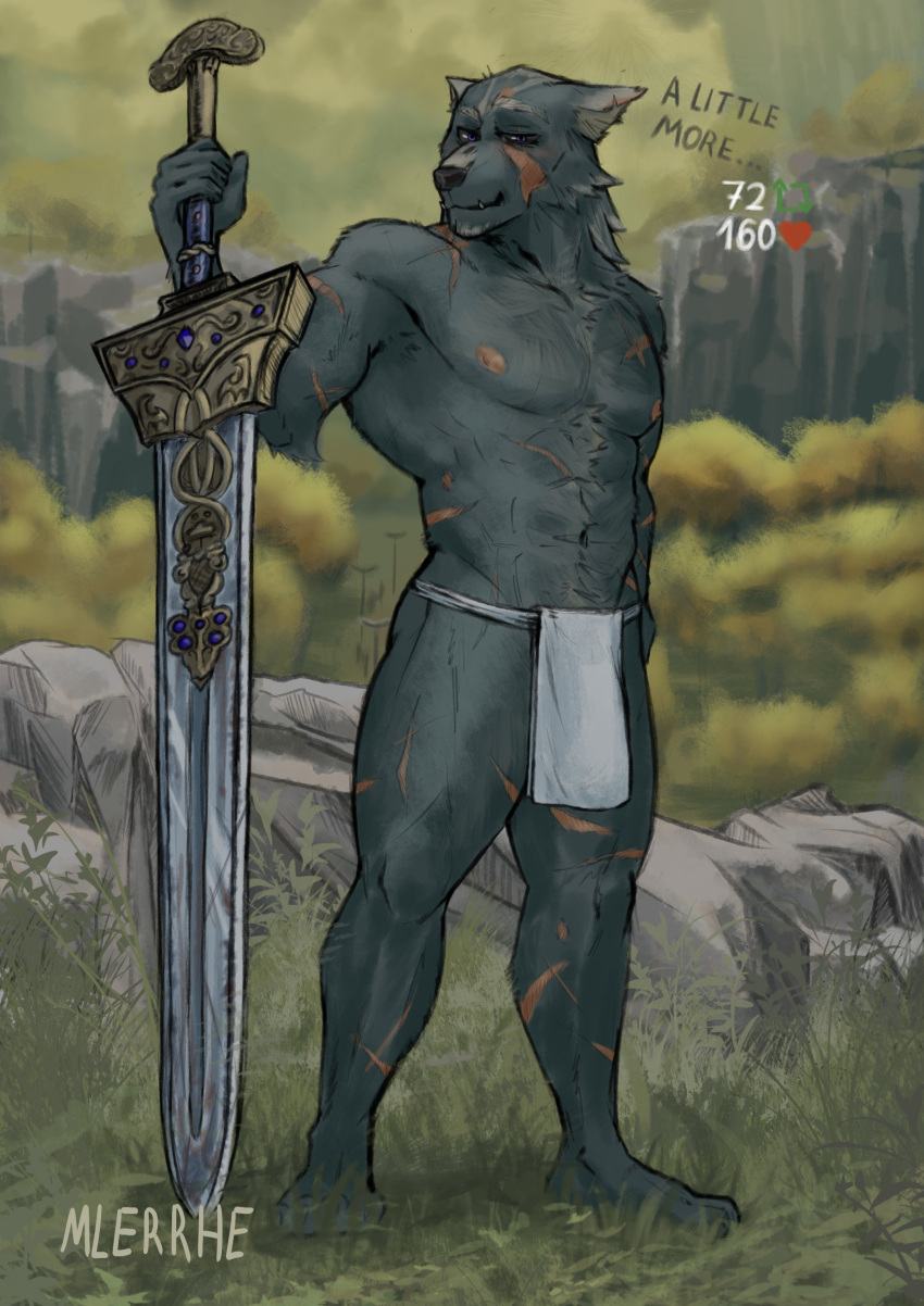 absurd_res anthro big_sword blaidd_(elden_ring) canid canine canis clothed clothing elden_ring fromsoftware front_view greatsword hi_res holding_object holding_sword holding_weapon loincloth_only male mammal melee_weapon mlerrhe mostly_nude muscular muscular_anthro muscular_male outside partially_clothed pecs scar shirtless solo standing strip_game sword warrior weapon wolf