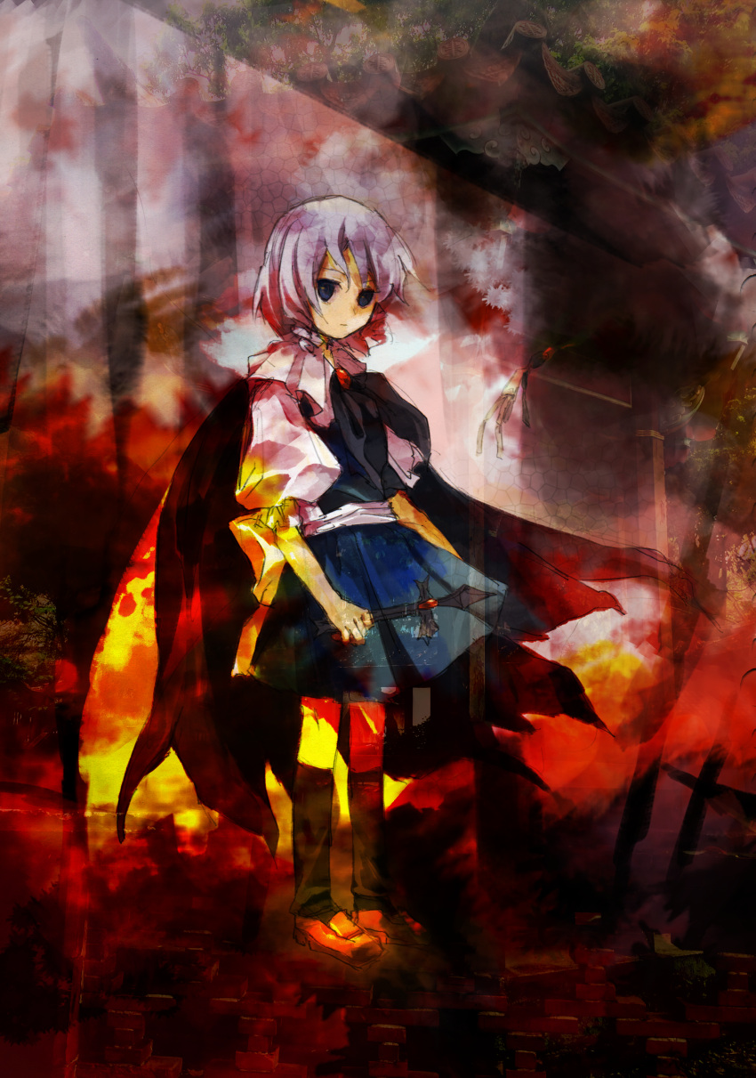 1girl absurdres black_cape black_ribbon black_socks blue_eyes blue_skirt brooch brown_footwear cape closed_mouth collared_shirt commentary_request expressionless full_body grey_hair highres holding jewelry kaigen_1025 kneehighs muse_(seihou) neck_ribbon pleated_skirt puffy_short_sleeves puffy_sleeves red_brooch ribbon seihou shirt short_hair short_sleeves skirt socks solo thighhighs white_shirt