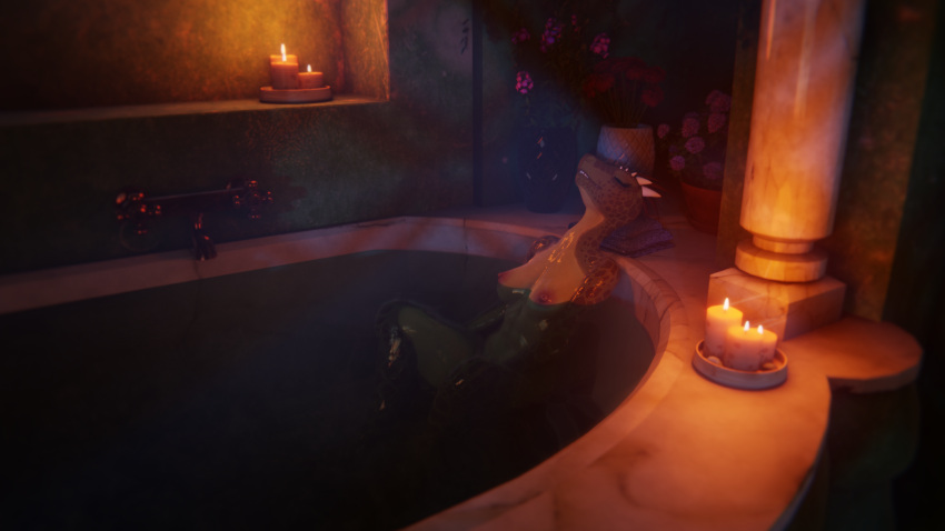 anthro argonian bathing bethesda_softworks breasts candle eyes_closed female flower green_body hi_res looking_pleasured masturbation night nude partially_submerged penetration peresvet_(artist) plant scalie solo the_elder_scrolls vaginal vaginal_masturbation vaginal_penetration water