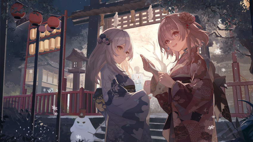 2girls absurdres alternate_costume camunekoz character_snowman floral_print flower grey_hair hair_between_eyes hair_flower hair_ornament highres honkai:_star_rail honkai_(series) japanese_clothes kimono long_sleeves looking_at_viewer march_7th_(honkai:_star_rail) medium_hair multiple_girls obi open_mouth pink_hair pom-pom_(honkai:_star_rail) print_kimono sash smile snow snowman stelle_(honkai:_star_rail) trailblazer_(honkai:_star_rail) wide_sleeves winter