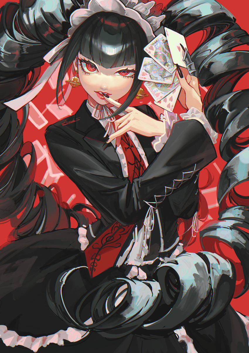 1girl absurdres black_hair black_jacket black_skirt blunt_bangs card celestia_ludenberg center_frills commentary_request danganronpa:_trigger_happy_havoc danganronpa_(series) drill_hair earrings finger_to_mouth frilled_skirt frills gothic_lolita highres holding holding_card index_finger_raised jacket jewelry kado_51 layered_skirt lolita_fashion long_hair nail_polish neck_ribbon necktie open_clothes open_jacket playing_card print_necktie red_background red_eyes red_lips red_necktie ribbon skirt smile solo teeth twin_drills twintails