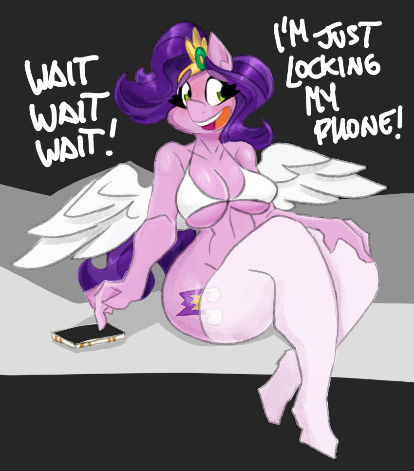 absurd_res anthro anthrofied big_breasts breasts cellphone clothed clothing cutie_mark dialogue electronics english_text equid equine female fingers flutterthrash green_eyes hair hand_on_leg hand_on_own_leg hasbro hi_res legwear mammal mlp_g5 my_little_pony open_mouth pegasus phone pink_body pipp_petals_(mlp) purple_hair purple_tail sitting solo stockings tail teeth text thigh_highs tongue translucent translucent_clothing wings