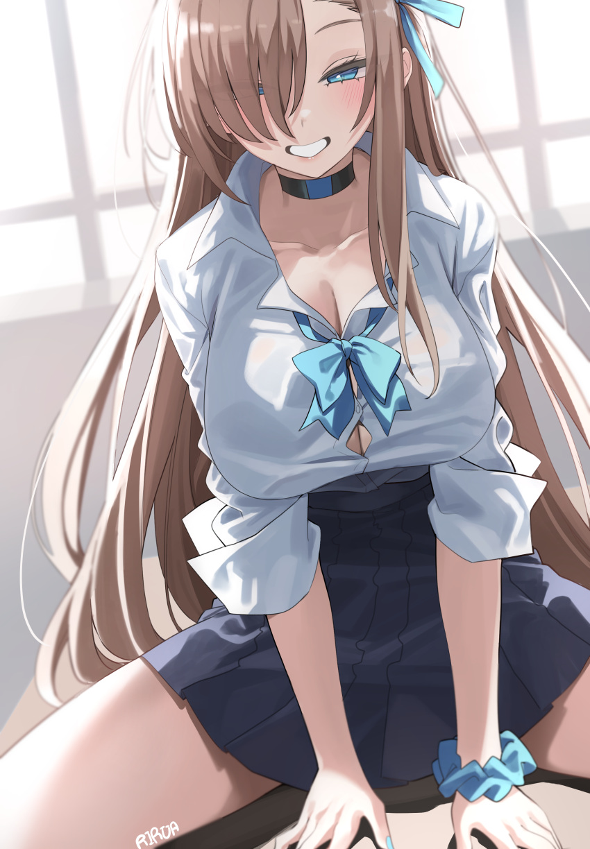 1girl absurdres asuna_(blue_archive) black_choker black_skirt blue_archive blue_bow blue_bowtie blue_eyes blue_scrunchie blush bow bowtie breasts choker cleavage collared_shirt cowboy_shot grin hair_over_one_eye highres large_breasts light_brown_hair lira long_hair looking_at_viewer pleated_skirt scrunchie shirt skirt smile solo white_shirt wrist_scrunchie