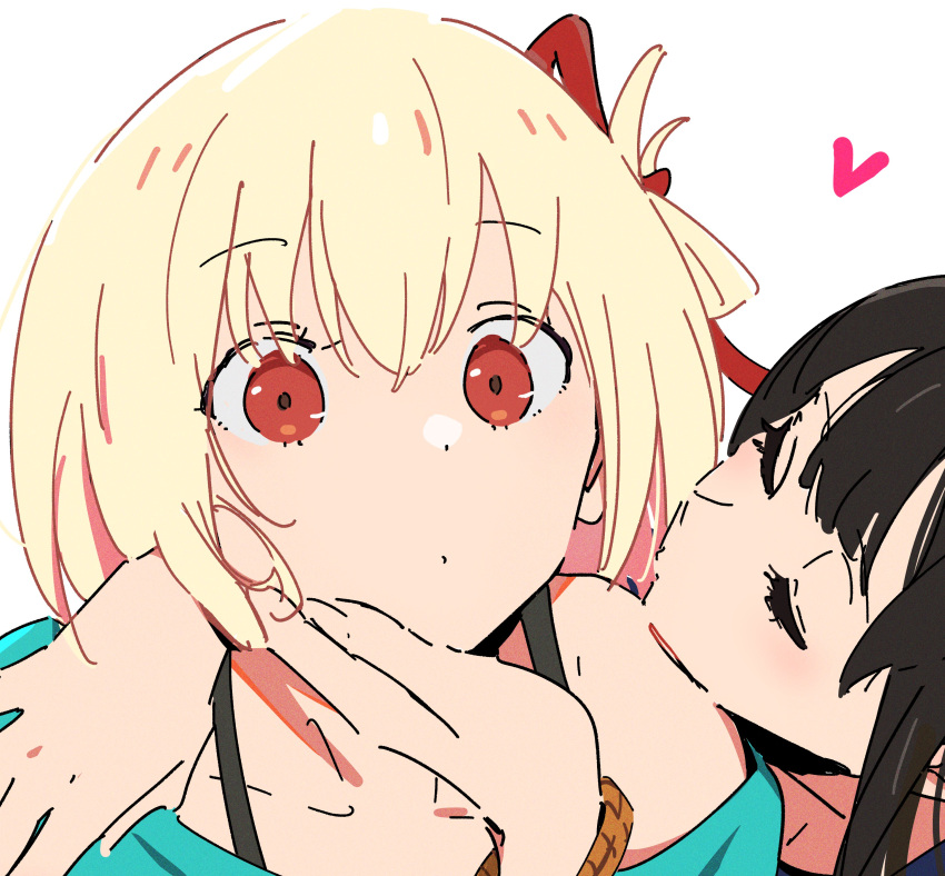 2girls absurdres arm_over_head atenaba black_hair blonde_hair bracelet closed_eyes closed_mouth commentary facing_another hair_between_eyes hair_ribbon hand_on_another's_cheek hand_on_another's_face hand_on_another's_shoulder heart highres imminent_kiss inoue_takina jewelry long_hair lycoris_recoil multiple_girls nishikigi_chisato red_eyes red_ribbon ribbon short_hair simple_background upper_body white_background yuri