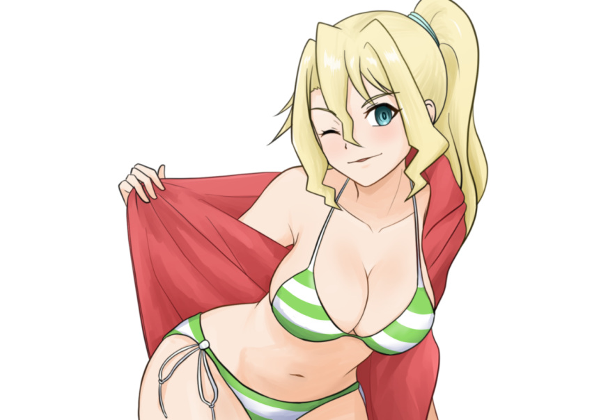 1girl bikini blonde_hair blue_eyes breasts cindy_campbell cleavage commentary_request cowboy_shot gozyuarashi green_bikini jacket large_breasts navel open_clothes open_jacket ponytail red_jacket shinryaku!_ikamusume side-tie_bikini_bottom simple_background solo striped striped_bikini swimsuit white_background