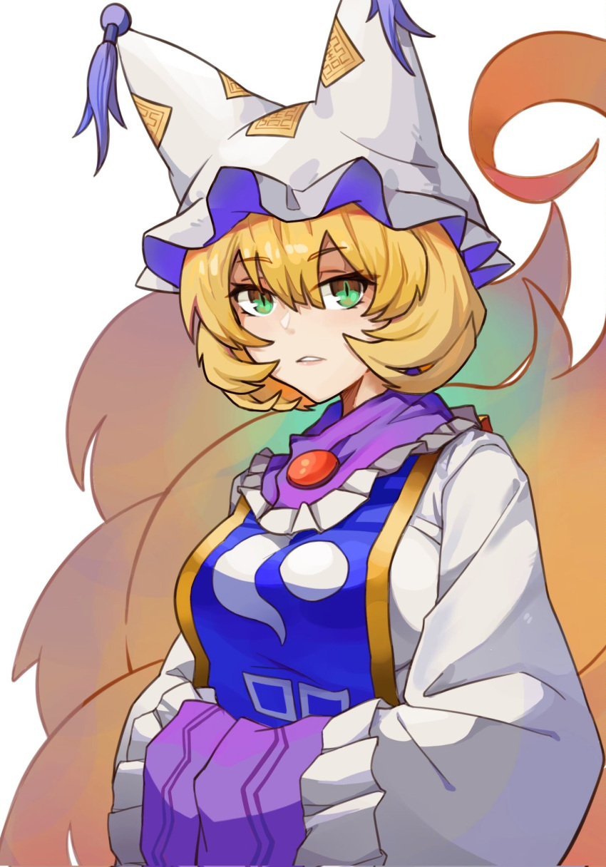1girl animal_ears blonde_hair commentary_request dress fox_ears fox_tail green_eyes hands_in_opposite_sleeves hat highres looking_at_viewer mob_cap onionmay open_mouth short_hair simple_background sleeves_past_fingers sleeves_past_wrists slit_pupils tabard tail touhou upper_body white_background white_dress white_headwear wide_sleeves yakumo_ran