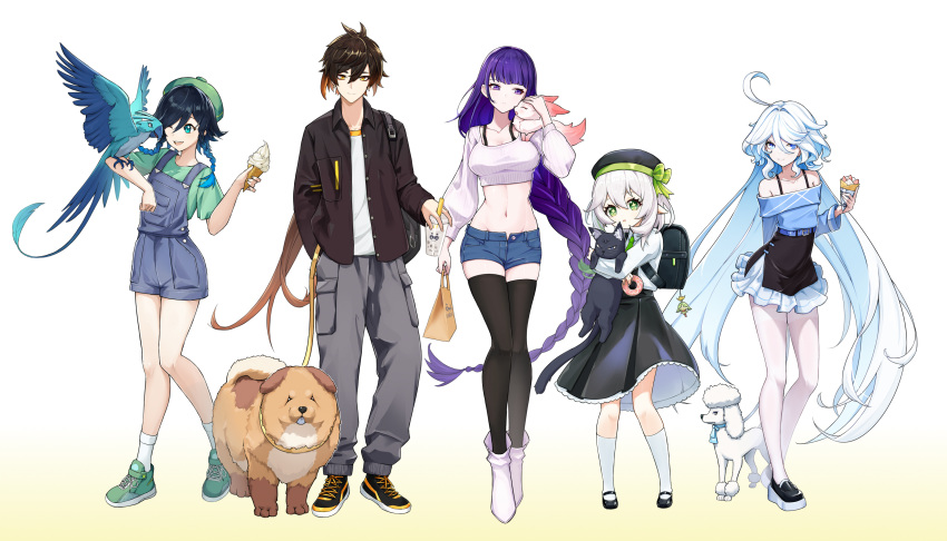 2boys 3girls ;d absurdres ahoge animal animal_on_arm aranara_(genshin_impact) bag bare_legs bare_shoulders beret bird black_cat black_footwear black_hair black_headwear black_jacket black_skirt black_thighhighs blue_eyes blue_hair boots bow bra_strap braid brown_hair cat commentary_request crop_top cropped_sweater cup denim denim_shorts disposable_cup dog doughnut food full_body furina_(genshin_impact) genshin_impact gradient_hair green_bow green_eyes green_footwear green_headwear green_necktie green_shirt grey_pants grin hair_intakes hat hat_bow highres holding holding_animal holding_bag holding_cat holding_cup holding_food ice_cream jacket kaidi keychain kneehighs long_braid long_hair long_sleeves looking_at_viewer mary_janes midriff miniskirt multicolored_hair multiple_boys multiple_girls nahida_(genshin_impact) navel necktie off-shoulder_shirt off_shoulder one_eye_closed open_clothes open_fly open_jacket overall_shorts overalls pants pantyhose parrot petticoat pointy_ears purple_eyes purple_hair raiden_shogun shirt shoes short_hair short_shorts shorts skirt smile sneakers socks standing stomach thighband_pantyhose thighhighs thighs twin_braids venti_(genshin_impact) very_long_hair white_footwear white_hair white_pantyhose white_shirt white_socks yae_miko yae_miko_(fox) yellow_eyes zhongli_(genshin_impact)