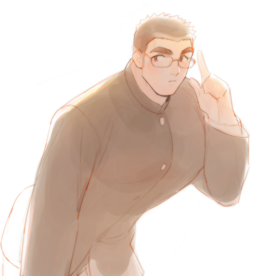 1boy adjusting_eyewear bara blush gakuran glasses highres index_finger_raised large_pectorals leaning_forward looking_at_viewer male_focus motoori_shiro pectorals school_uniform short_hair solo thick_eyebrows tokyo_afterschool_summoners tyou unfinished