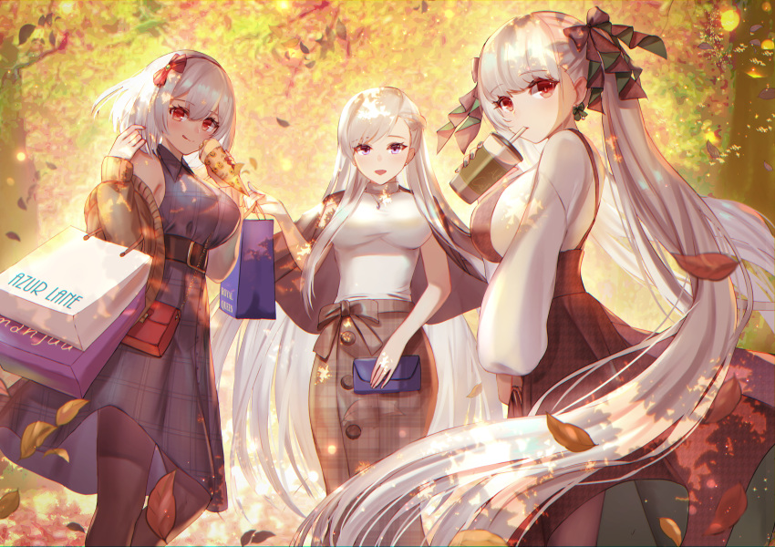 anthropomorphism autumn azur_lane belfast_(azur_lane) bow braids dolce_(dolsuke) dress drink food formidable_(azur_lane) headband leaves long_hair pantyhose purple_eyes red_eyes short_hair sirius_(azur_lane) skirt twintails white_hair