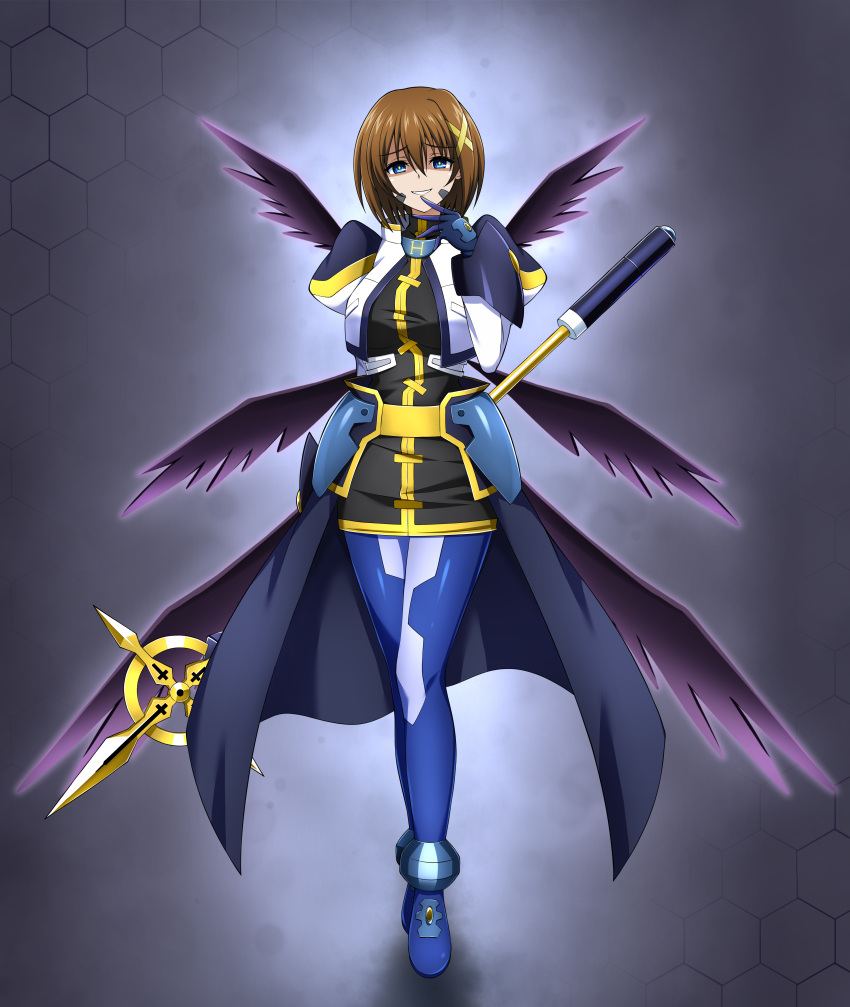 1girl absurdres arm_behind_back blue_eyes bright_pupils brown_hair commission evil_grin evil_smile eyebrows_hidden_by_hair full_body gloves grin hair_between_eyes hair_ornament highres hip_armor long_sleeves looking_at_viewer lyrical_nanoha mahou_shoujo_lyrical_nanoha mahou_shoujo_lyrical_nanoha_strikers multiple_wings numbers'_uniform numbers_(nanoha) oshimaru026 pixiv_commission puffy_sleeves schwertkreuz short_hair skirt smile solo staff waist_cape white_pupils wings x_hair_ornament yagami_hayate