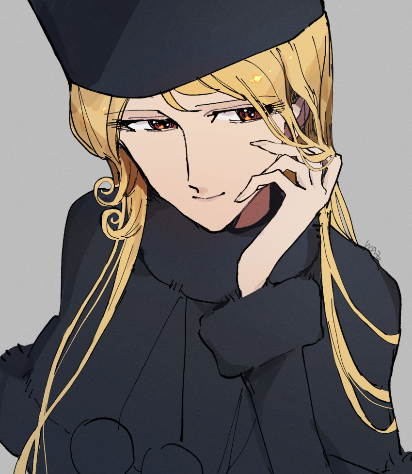 1970s_(style) 1girl azuma_(magi-inazuma) blonde_hair brown_eyes coat commentary_request eyelashes fur_coat fur_hat ginga_tetsudou_999 hand_on_own_cheek hand_on_own_face hat highres long_hair looking_to_the_side maetel matsumoto_leiji_(style) official_style portrait retro_artstyle smirk upper_body