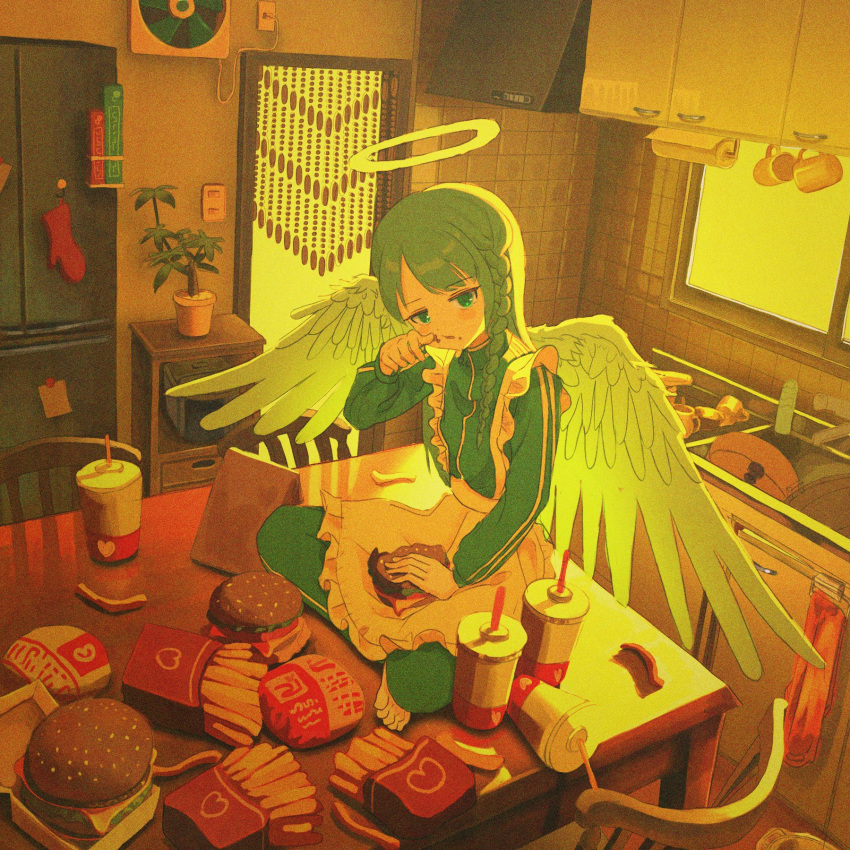 1girl angel angel_wings apron barefoot bead_curtain braid burger cabinet chair cropped cup disposable_cup double_vertical_stripe eating electric_fan fast_food feathered_wings film_grain food french_fries green_eyes green_hair green_jacket green_pants green_track_suit halo hand_on_own_face hand_up highres holding holding_food indian_style indoors jacket jersey_maid kagenoyuhi kitchen kitchen_hood long_hair long_sleeves looking_at_viewer maid maid_apron on_table original pants parted_lips plant potted_plant side_braid single_braid sitting solo spread_wings table too_much_food unconventional_maid waist_apron white_apron white_wings window wings zipper