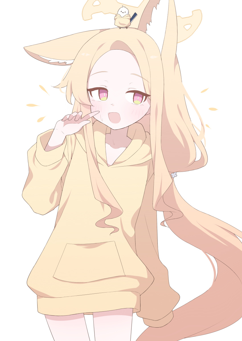 1girl absurdres animal animal_ear_fluff animal_ears animal_on_head bird bird_on_head blonde_hair blue_archive cowboy_shot fox_ears hagoonha halo highres hood hood_down hoodie long_hair long_sleeves on_head seia_(blue_archive) simple_background solo very_long_hair white_background white_bird yellow_eyes yellow_halo yellow_hoodie