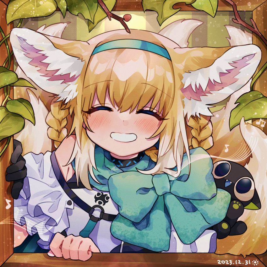 1girl animal_ears arknights black_cat blonde_hair blue_hairband blush braid braided_hair_rings cat closed_eyes colored_tips dated facing_viewer fox_ears fox_girl grin hair_rings hairband highres infection_monitor_(arknights) luo_xiaohei luo_xiaohei_zhanji multicolored_hair smile suzuran_(arknights) takumi_mizuki teeth twin_braids two-tone_hair white_hair