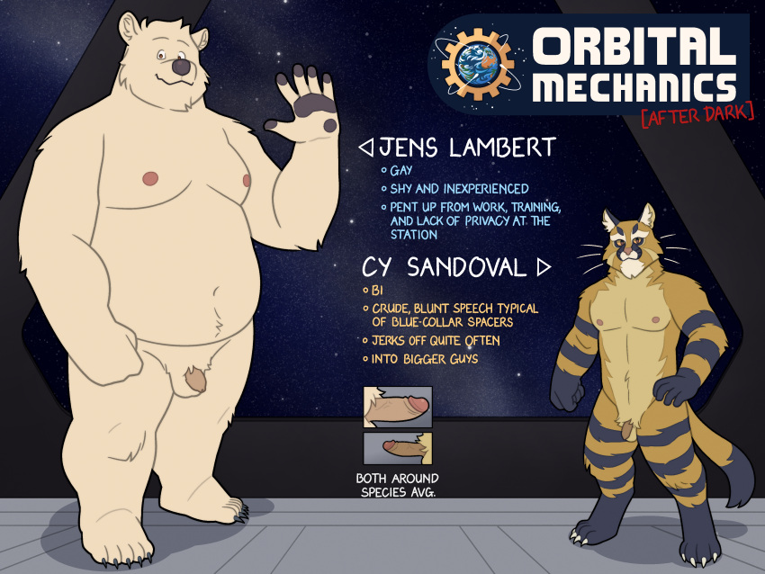 absurd_res american_black_bear anthro balls barefoot bear black_bear black_body black_fur blonde_pubes bodily_fluids brown_eyes character_name cheek_tuft comparing detailed_background digitigrade duo erection facial_tuft feet felid feline flaccid foreskin fur genital_fluids genitals gesture hand_on_hip head_tuft hi_res humanoid_genitalia humanoid_hands humanoid_penis kermode_bear leopardus logo male mammal muscular muscular_male nipples nude overweight overweight_male pampas_cat pawpads penis plantigrade precum pubes pupils quasarbearcat size_difference slit_pupils space star tail text tuft ursine waving waving_at_viewer whiskers white_body white_fur white_pubes yellow_body yellow_eyes yellow_fur