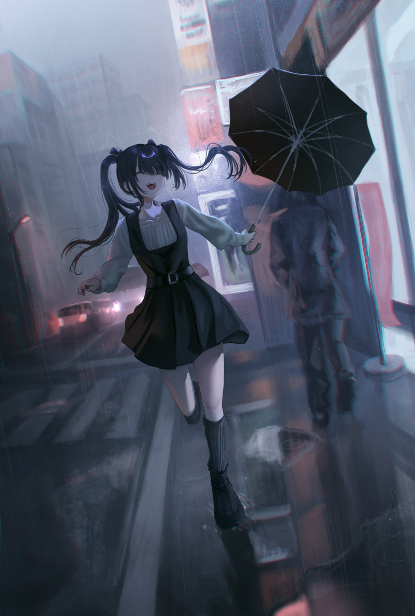 1girl 1other absurdres belt black_belt black_bow black_dress black_footwear black_hair black_socks blunt_bangs bow building car chromatic_aberration closed_eyes crosswalk dress hair_bow high_belt highres holding holding_umbrella kyano_(kyanora3141) lamppost light_particles long_hair long_sleeves motor_vehicle original outdoors pinafore_dress rain reflection ribbed_socks shirt shoes skipping sleeveless sleeveless_dress socks solo_focus teeth twintails umbrella upper_teeth_only urban wet_floor white_shirt