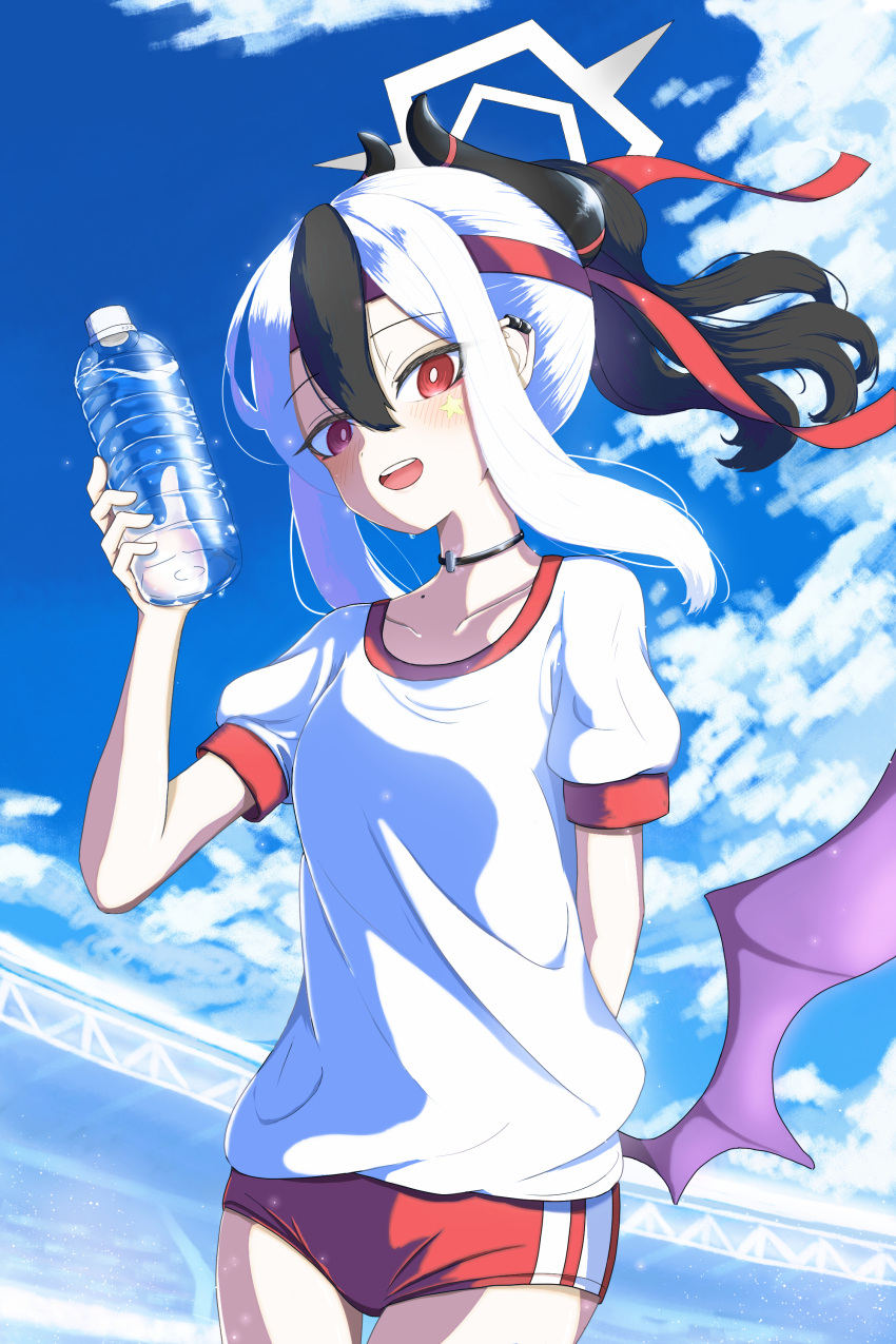 1girl absurdres alternate_costume arm_behind_back black_choker black_hair black_horns blue_archive blue_sky blush bottle breasts bright_pupils buruma choker cloud cloudy_sky commentary_request cowboy_shot gym_uniform halo highres holding holding_bottle horns hotta_karasi kayoko_(blue_archive) long_hair looking_at_viewer looking_down mole mole_on_collarbone multicolored_hair open_mouth outdoors ponytail purple_wings red_buruma red_eyes shirt short_sleeves sidelocks single_wing sky small_breasts smile solo standing star_sticker sticker_on_face teeth two-tone_hair upper_teeth_only water_bottle white_hair white_halo white_pupils white_shirt wings