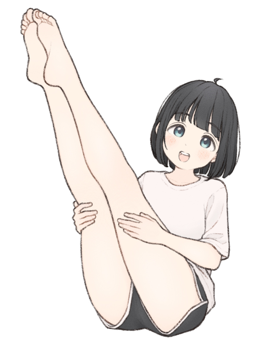 1girl 1ssakawaguchi absurdres barefoot black_eyes black_hair black_shorts blunt_bangs blush dolphin_shorts feet full_body hands_on_own_thighs highres ichika_(1ssakawaguchi) kneepits legs legs_up open_mouth original shirt short_hair short_shorts short_sleeves shorts simple_background sitting smile soles solo teeth toes upper_teeth_only white_background white_shirt