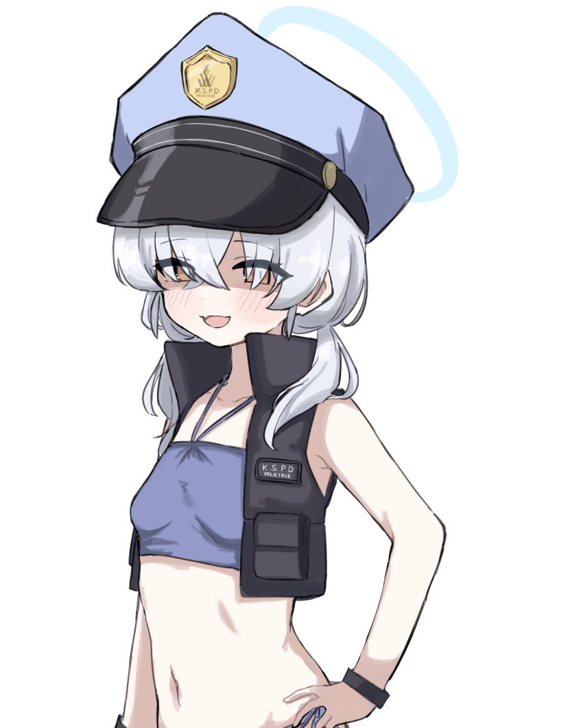 1girl bikini black_vest blue_archive blue_bikini blue_halo blue_headwear blush eyes_visible_through_hair fami_miminmin flat_chest grey_hair hair_over_eyes halo hat highres long_hair navel open_clothes open_mouth open_vest peaked_cap simple_background smile solo swimsuit upper_body valkyrie_police_academy_student_(blue_archive) vest white_background yellow_eyes