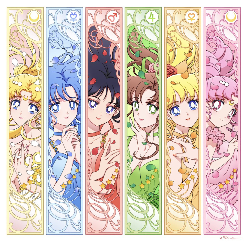 6+girls aino_minako bishoujo_senshi_sailor_moon black_hair blonde_hair blue_choker blue_dress blue_eyes blue_hair brown_hair chibi_usa choker crescent crescent_facial_mark double_bun dress eyeshadow facial_mark forehead_mark green_choker green_dress green_eyes hair_bun highres hino_rei kino_makoto long_hair makeup mizuno_ami multiple_girls parted_bangs pink_dress pink_eyes pink_hair ponytail princess_serenity purple_eyes red_dress red_eyeshadow red_nails sidney_deng smile tsukino_usagi twintails very_long_hair white_dress yellow_dress