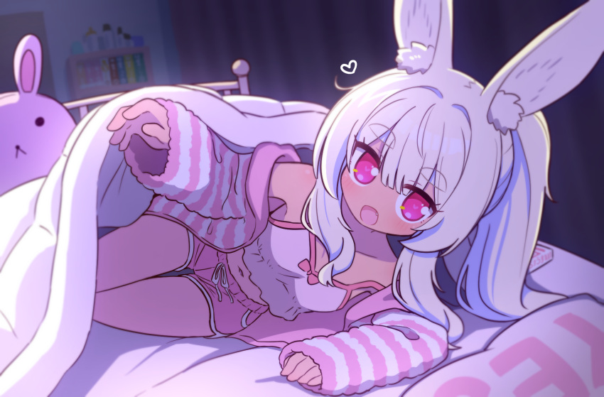 1girl :d animal_ear_fluff animal_ears bed_invitation blonde_hair blush bow bow_camisole camisole cardigan dolphin_shorts fang heart heart-shaped_pupils highres indoors long_hair long_sleeves looking_at_viewer lying masurao_2_(sekaiju) naga_u navel on_side open_mouth pink_bow pink_camisole pink_cardigan pink_eyes pink_shorts ponytail rabbit_ears rabbit_girl revision sekaiju_no_meikyuu sekaiju_no_meikyuu_5 short_shorts shorts sleeves_past_wrists smile solo striped_cardigan symbol-shaped_pupils thick_eyebrows under_covers