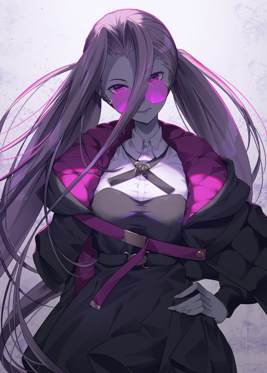 1girl absurdres belt black_dress black_jacket breasts collared_shirt dress fate/grand_order fate_(series) glasses highres jacket large_breasts long_hair long_sleeves looking_at_viewer medusa_(fate) medusa_(saber)_(fate) mukunokino_isshiki parted_bangs pink-tinted_eyewear purple_eyes purple_hair round_eyewear shirt sidelocks tinted_eyewear twintails very_long_hair white_shirt