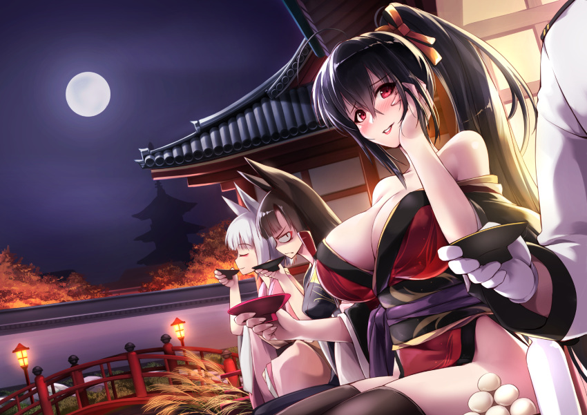 akagi_(azur_lane) akatsuki_akane animal_ears anthropomorphism azur_lane black_hair blush brown_hair building commander_(azur_lane) drink foxgirl gloves group japanese_clothes kaga_(azur_lane) long_hair male moon night ponytail red_eyes sake short_hair sky taihou_(azur_lane) thighhighs white_hair