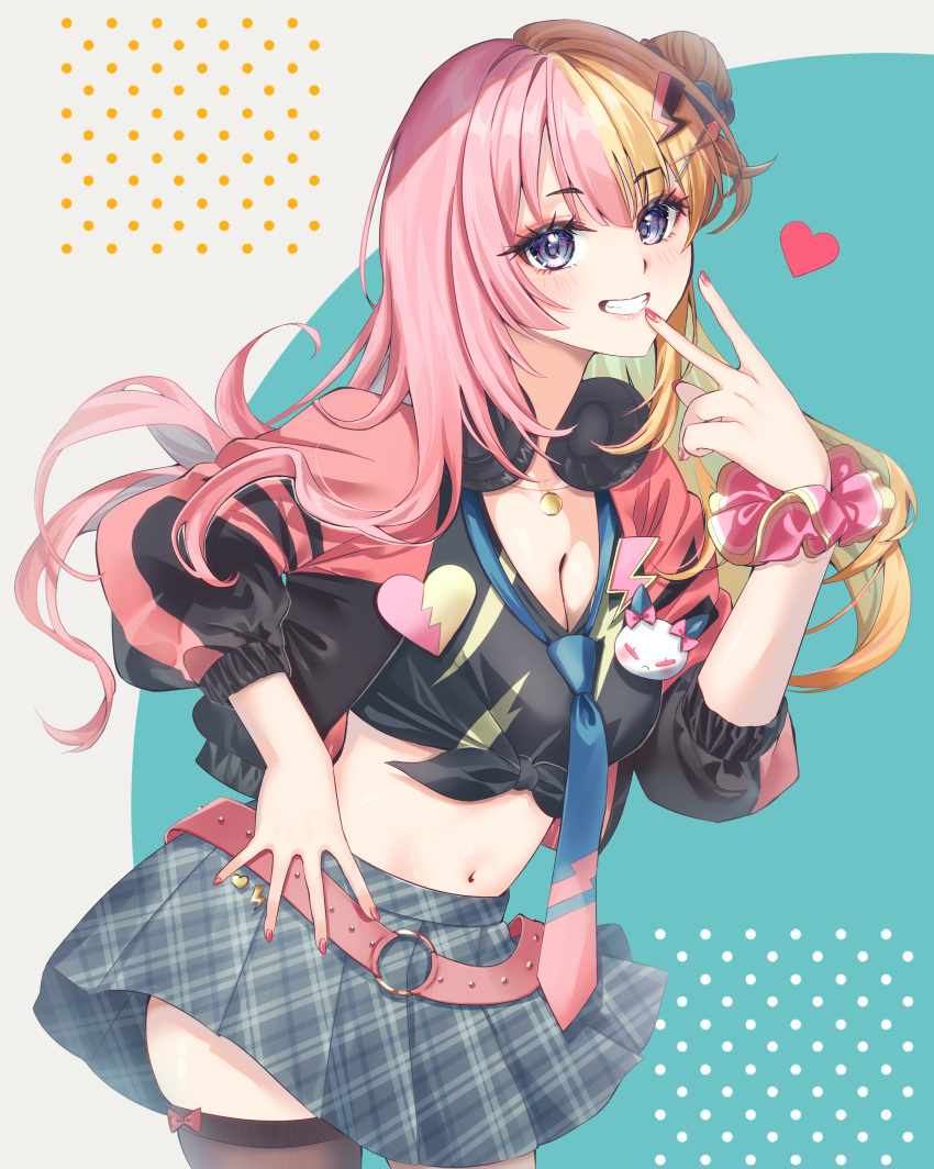 1girl absurdres belt black_jacket black_shirt blonde_hair blue_background blush breasts brown_thighhighs cleavage collarbone grey_background grey_eyes grey_skirt grin hair_bun headphones headphones_around_neck heart highres jacket kotoka_torahime long_hair long_sleeves looking_at_viewer medium_breasts multicolored_hair nail_polish navel nijisanji nijisanji_en open_clothes open_jacket pink_belt pink_hair pink_jacket plaid plaid_skirt pleated_skirt puffy_long_sleeves puffy_sleeves red_nails shirt single_side_bun skirt smile solo thighhighs tied_shirt tsumetsume_zerii two-tone_background two-tone_hair v very_long_hair virtual_youtuber