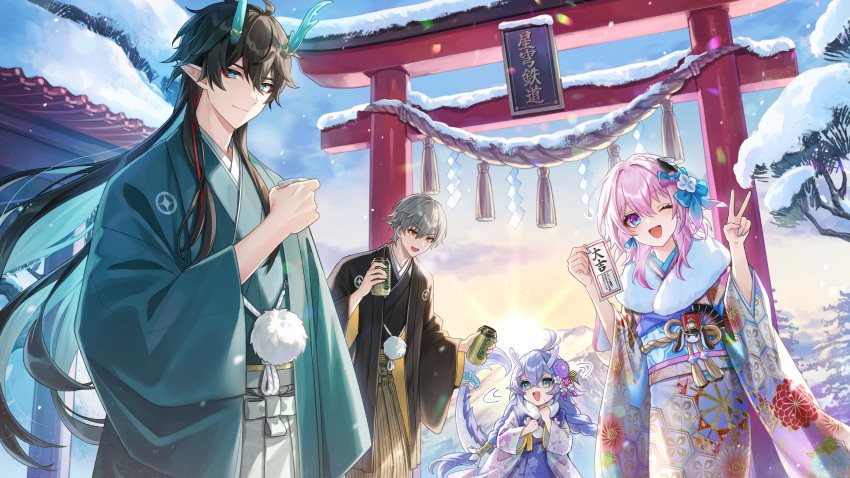 2boys 2girls :d ;d absurdres amaichi_esora aqua_eyes aqua_hair bailu_(honkai:_star_rail) black_kimono blue_eyes blue_sash braid caelus_(honkai:_star_rail) colored_inner_hair commentary_request crossed_bangs cup dan_heng_(honkai:_star_rail) dan_heng_(imbibitor_lunae)_(honkai:_star_rail) dragon_girl dragon_horns dragon_tail floral_print green_kimono grey_hair hair_between_eyes hair_ornament hands_up highres holding holding_cup honkai:_star_rail honkai_(series) horns japanese_clothes kimono long_hair long_sleeves looking_at_viewer low_twintails march_7th_(honkai:_star_rail) medium_hair multicolored_hair multiple_boys multiple_girls obi one_eye_closed open_mouth outdoors pink_hair pointy_ears pom-pom_(honkai:_star_rail) pom_pom_(clothes) print_kimono purple_hair sash smile snow sun tail torii trailblazer_(honkai:_star_rail) translation_request twin_braids twintails v very_long_hair wide_sleeves