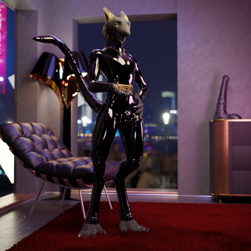 3d_(artwork) 4_fingers 4_toes absurd_res anthro barefoot black_claws blender_(software) blonde_highlights bodysuit bulge chastity_cage chastity_device claws clothed clothing digit_ring digital_media_(artwork) feet fingers fluffy fluffy_ears fur furniture get_along_cage glowing glowing_eyes gold_(metal) gold_chastity_cage gold_chastity_device gold_jewelry goldenrecord goldy_(goldenrecord) grey_body grey_fur hand_on_hip hi_res highlights_(coloring) holding_object humanoid inside jewelry latex looking_at_viewer male neck_tuft necklace ota_3d raised_tail realistic_fur ring rug sergal sex_toy_background shared_chastity_device skinsuit solo standing tail tight_clothing toe_ring toes tuft unlocked_chastity_cage yellow_eyes