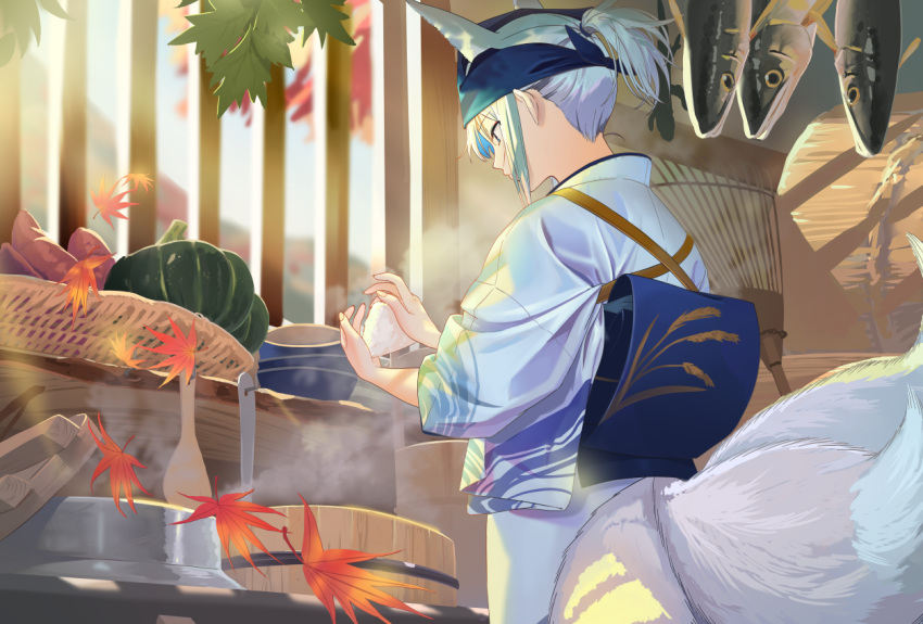 aliasing animal animal_ears anthropomorphism aqua_eyes azur_lane fish food foxgirl gray_hair kaga_(azur_lane) leaves multiple_tails poligon046 ponytail short_hair tail