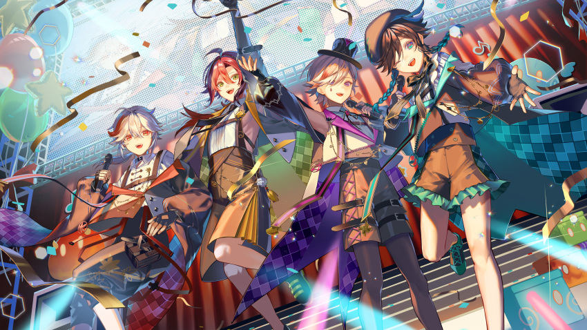 4boys absurdres balloon beret bow bowtie braid genshin_impact gift green_eyes hat highres holding holding_microphone jacket kaedehara_kazuha karonaru long_hair long_sleeves lyney_(genshin_impact) microphone multicolored_hair multiple_boys one_eye_closed open_mouth pantyhose purple_eyes red_eyes red_hair ribbon shikanoin_heizou shirt short_hair shorts slime_(genshin_impact) twin_braids upper_body venti_(genshin_impact) white_hair white_shirt