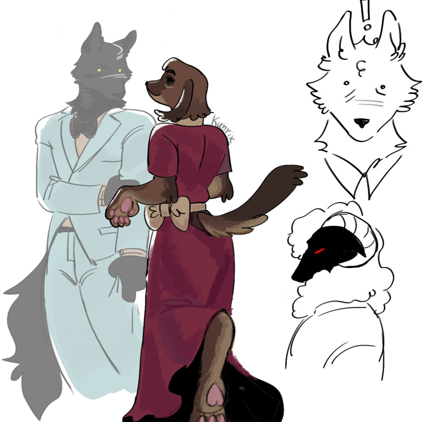 alternate_species anthro bloberta_puppington bottomwear bovid canid canine canis caprine clay_puppington clothing domestic_dog dress duo female furrification hi_res horn hybrid jacket kanrix male mammal moral_orel pants pawpads sheep suit tail topwear wolf wolf_in_sheep's_clothing