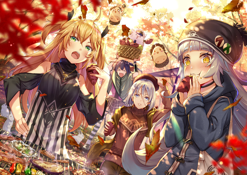 admiral_hipper_(azur_lane) animal anthropomorphism autumn azur_lane blonde_hair blue_eyes blush food green_eyes hat leaves long_hair manjuu_(azur_lane) necklace purple_hair rabbit renka_(renkas) short_hair tirpitz_(azur_lane) tree white_hair yellow_eyes z36_(azur_lane) z46_(azur_lane)