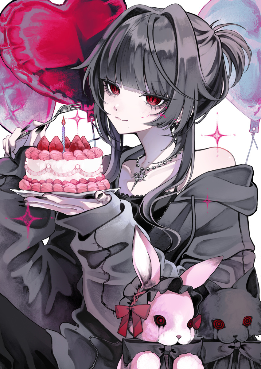 1girl 402_(o0_xxx) absurdres balloon black_bow black_bowtie black_hair black_jacket black_shirt bow bowtie cake candle closed_mouth commentary eyelashes food fork fruit hair_up heart_balloon highres holding holding_fork holding_plate jacket jewelry looking_at_viewer necklace off_shoulder original plate red_eyes shirt sidelocks smile sparkle strawberry stuffed_animal stuffed_rabbit stuffed_toy stuffed_wolf symbol-only_commentary upper_body