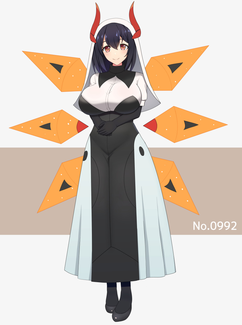 1girl black_footwear black_gloves black_hair breasts commentary_request dress elbow_gloves gloves hair_between_eyes highres horns iron_moth large_breasts looking_at_viewer own_hands_together personification pokedex_number pokemon red_eyes red_horns smile solo standing sumiboshi_(zatsuha) white_headwear