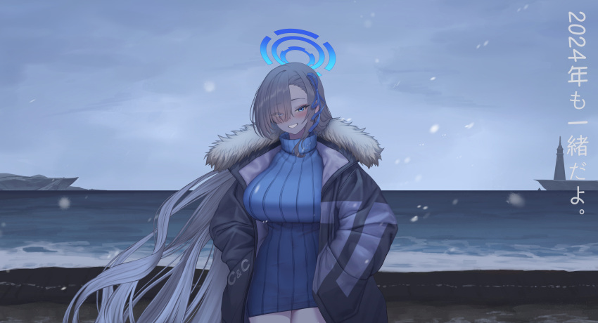 1girl absurdres alternate_costume asuna_(blue_archive) beach blue_archive blue_dress blue_eyes blush breasts breath brown_hair coat covered_navel dress floating_hair fur-trimmed_coat fur_trim hair_over_one_eye halo hands_in_pockets highres horizon huge_breasts lighthouse long_hair long_long_life looking_at_viewer one_eye_covered ribbed_dress smile solo sweater sweater_dress very_long_hair