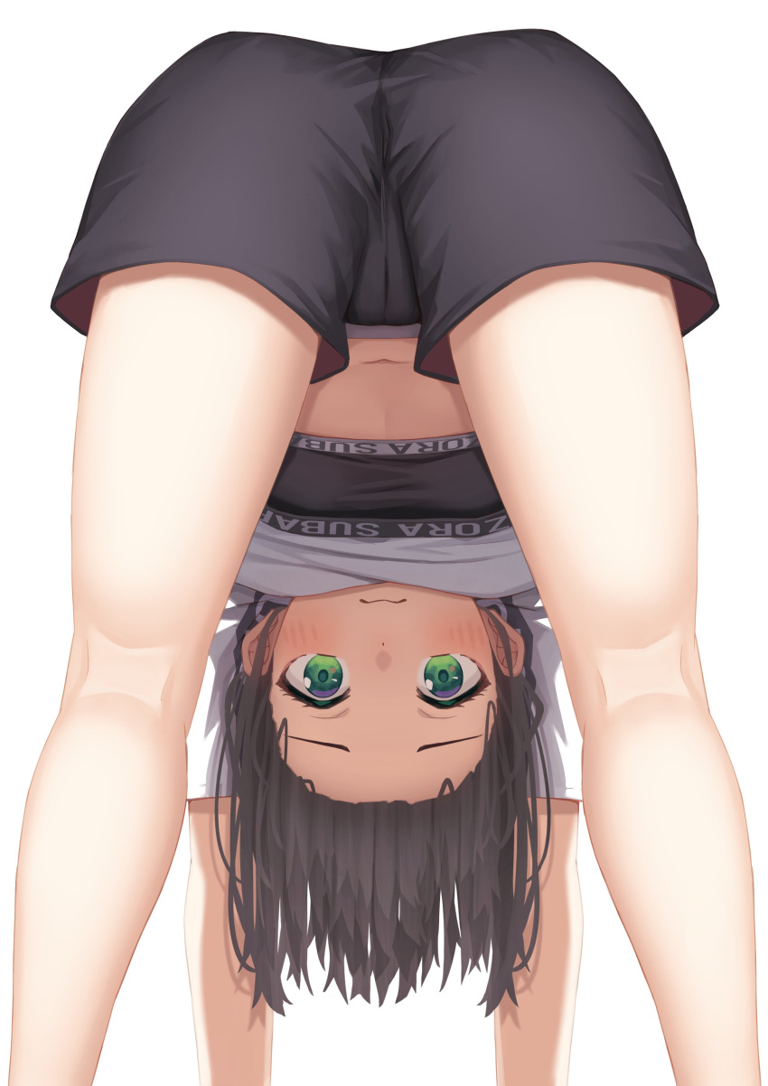 1girl absurdres all_fours ass bare_legs black_shorts black_sports_bra blue_eyes blush brown_hair cameltoe character_name closed_mouth commentary_request cropped_shirt eyelashes feet_out_of_frame from_behind gradient_eyes green_eyes highres hololive hololive_dance_practice_uniform kneepits legs looking_at_viewer medium_hair midriff multicolored_eyes navel official_alternate_costume oozora_subaru shirt short_shorts shorts simple_background solo sports_bra starkamisan thighs view_between_legs virtual_youtuber white_background white_shirt