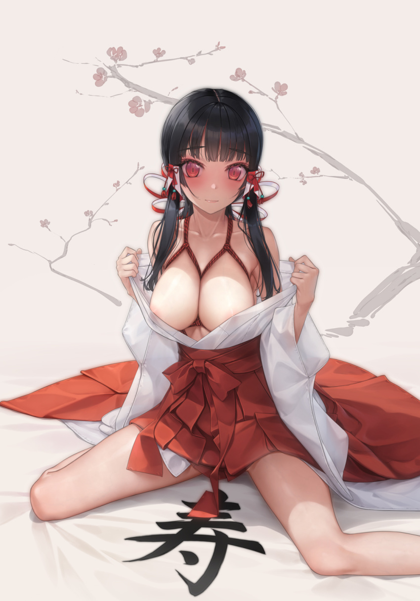 1girl areola_slip black_hair blush branch breasts cherry_blossoms closed_mouth collarbone commentary_request hair_ornament hair_over_shoulder hakama hakama_skirt highres japanese_clothes kimono large_breasts long_hair looking_at_viewer miko murakami_suigun open_clothes open_kimono original paid_reward_available red_eyes red_hakama red_rope rope shibari shibari_under_clothes sitting skirt solo translation_request wariza white_background white_kimono wide_sleeves
