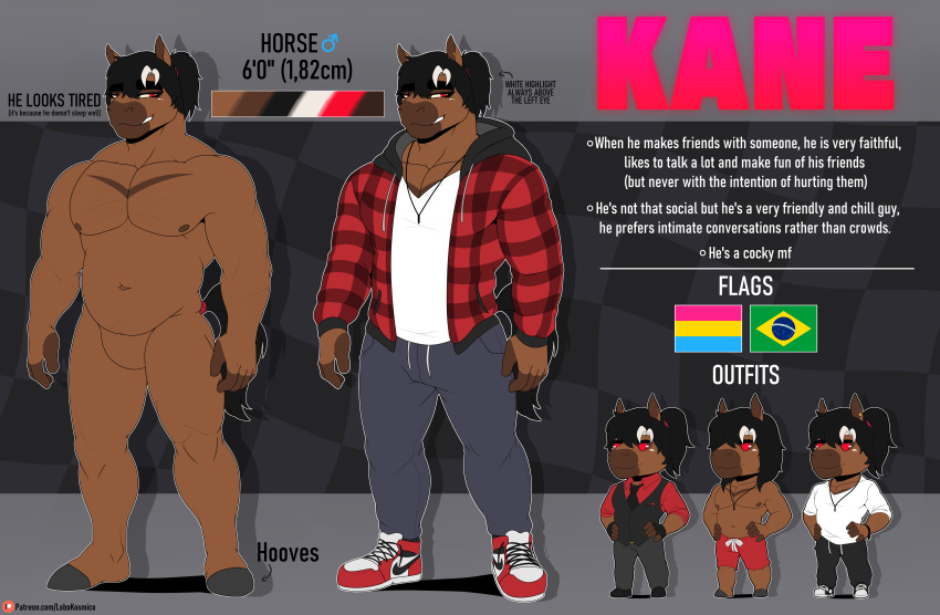 absurd_res anthro bottomwear brazilian_flag brown_body brown_fur clothing digital_drawing_(artwork) digital_media_(artwork) english_text equid equine footwear fur hair hi_res highlights_(coloring) hoodie hooves horse jewelry jordan_(brand) kane_(lobokosmico) lobokosmico looking_at_viewer male mammal model_sheet muscular muscular_anthro muscular_male necklace necktie nike nipples nude piercing ponytail red_eyes shirt shoes shorts simple_background smile sneakers solo standing sweatpants tail text topwear vest white_clothing white_highlights white_shirt white_topwear