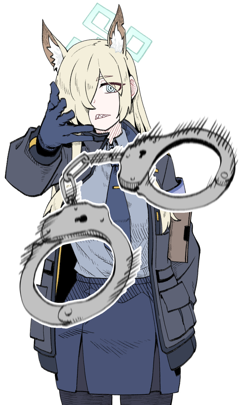 1girl animal_ear_fluff animal_ears armband blonde_hair blue_archive blue_armband blue_halo blue_necktie blue_shirt clipboard cuffs dog_ears eminem_throwing_a_fat_rat_(meme) extra_ears gloves hair_over_one_eye halo handcuffs highres jacket kanna_(blue_archive) long_hair meme necktie pantyhose police police_uniform policewoman sharp_teeth shirt simple_background skirt solo teeth throwing twoj uniform