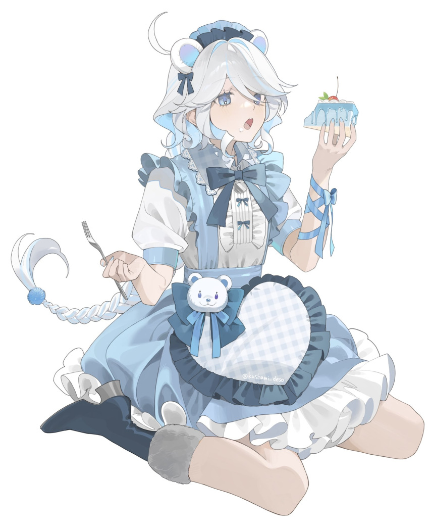 1girl ahoge alternate_costume animal_ears artist_name bear_ears blue_footwear blue_hair blue_nails boots braid cake cake_slice commentary_request dress fingernails food fork full_body furina_(genshin_impact) genshin_impact hair_between_eyes hair_ornament hairclip heterochromia highres holding holding_cake holding_food holding_fork kushami_deso light_blue_hair light_blush long_hair multicolored_hair nail_polish open_mouth seiza short_sleeves sidelocks simple_background single_braid sitting solo streaked_hair teeth two-tone_hair upper_teeth_only white_background white_hair