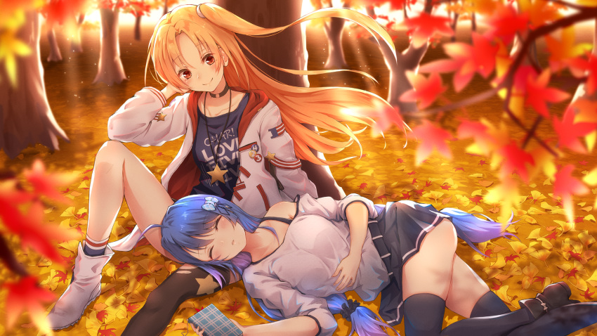 2girls anthropomorphism autumn azur_lane blonde_hair blue_hair blush cleveland_(azur_lane) forest helena_(azur_lane) leaves long_hair necklace red_eyes skirt sleeping thighhighs toki_(toki_ship8) tree twintails