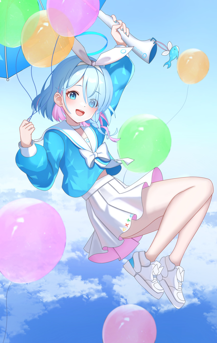 1girl absurdres arm_up arona_(blue_archive) balloon blue_archive blue_eyes blue_hair blue_shirt blue_sky braid choker cloud colored_inner_hair commentary_request floating full_body hair_over_one_eye hair_ribbon highres holding holding_balloon holding_umbrella kenomotsu_yukuwa long_sleeves looking_at_viewer midriff_peek multicolored_hair open_mouth pink_hair pleated_skirt ribbon sailor_collar school_uniform serafuku shirt shoes short_hair side_braid skirt sky smile sneakers solo umbrella white_choker white_footwear white_ribbon white_sailor_collar white_skirt