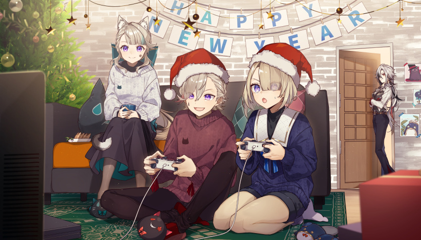 2boys 2girls absurdres aiwo_o_lite animal_ears arlecchino_(genshin_impact) black_dress black_shorts blonde_hair blue_sweater brother_and_sister brown_pants cat_ears cat_tail christmas_tree closed_mouth controller couch door dress family freminet_(genshin_impact) game_controller genshin_impact grey_hair hair_over_one_eye happy_new_year hat highres holding holding_controller holding_game_controller joystick long_hair long_sleeves lynette_(genshin_impact) lyney_(genshin_impact) multiple_boys multiple_girls open_mouth pants purple_eyes red_sweater santa_hat shorts siblings smile standing sweater tail television white_sweater