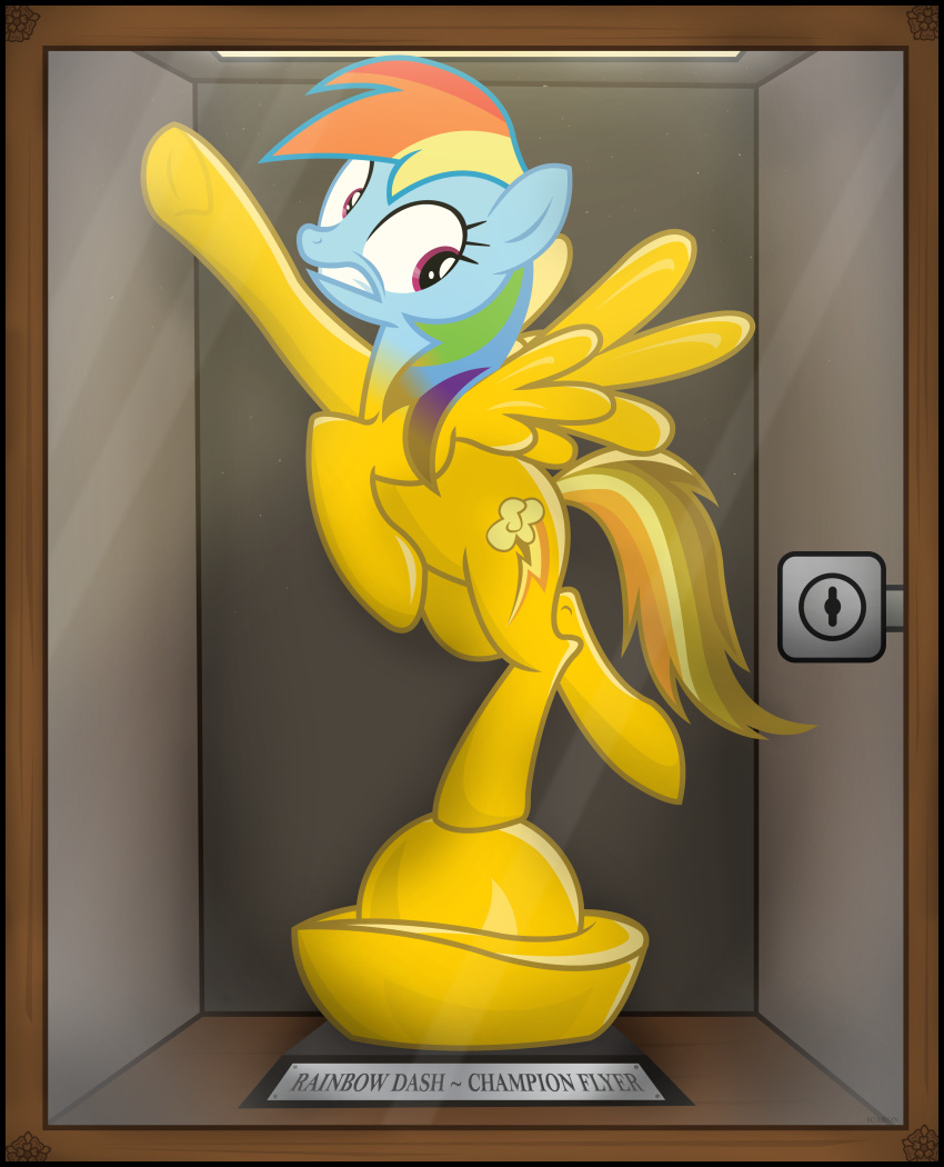 absurd_res award behind_glass blue_body blue_fur clenched_teeth cutie_mark equid equine feathered_wings feathers female feral friendship_is_magic fur gold_statue hair hasbro hi_res hooves icaron inanimate_transformation lock mammal mid_transformation multicolored_hair my_little_pony name_plate objectification pegasus petrification pose purple_eyes rainbow_dash_(mlp) rainbow_hair solo tail teeth transformation trophy trophy_case underhoof wings