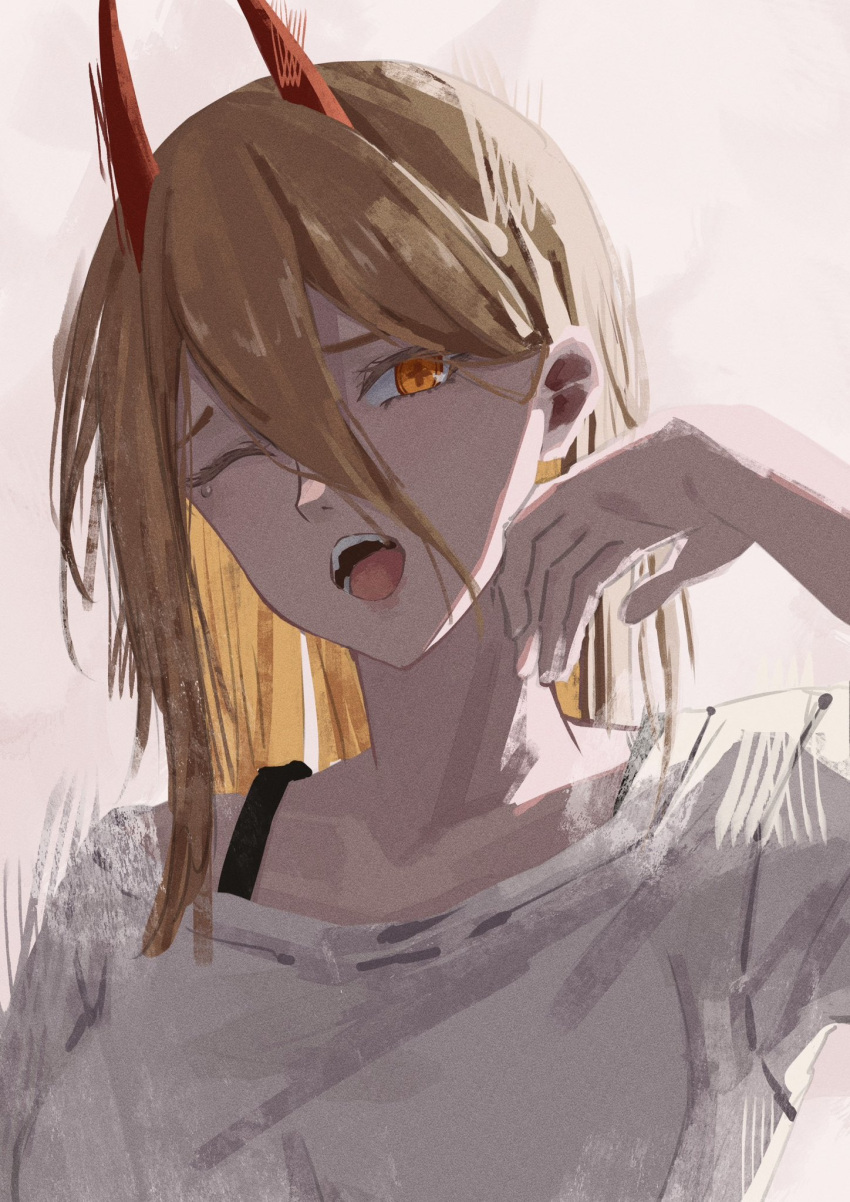 1girl blonde_hair bra_strap chainsaw_man collarbone commentary_request cross-shaped_pupils hair_between_eyes hand_on_own_face hand_on_own_neck head_tilt highres horns komura_hiroto long_hair long_hair_between_eyes looking_at_viewer one_eye_closed open_mouth power_(chainsaw_man) red_horns shirt shoulder_blades single_tear solo straight_hair symbol-shaped_pupils teeth tongue upper_body white_background white_shirt