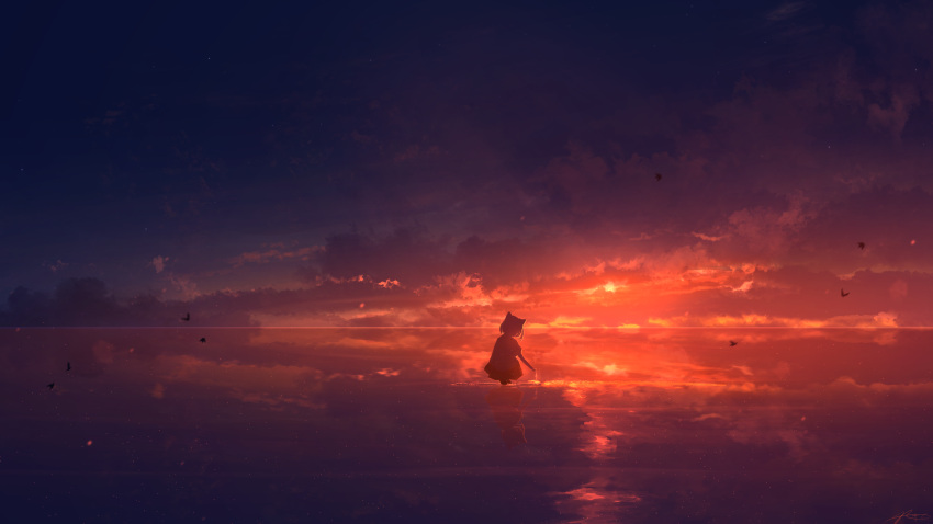 1girl animal_ears cat_ears cat_girl cloud gradient_sky highres horizon night night_sky orange_sky original outdoors partially_submerged reflection reflective_water rune_xiao scenery short_hair silhouette skirt sky solo sun sunset water