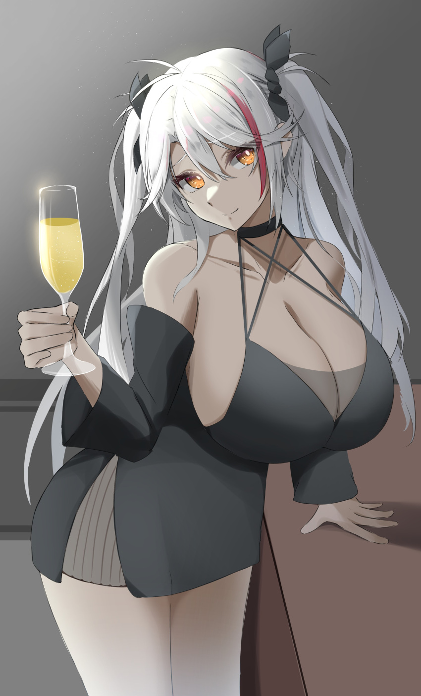 1girl absurdres alcohol alternate_costume azur_lane bare_shoulders breasts champagne champagne_flute cup drinking_glass hair_between_eyes hair_ornament highres j_yak47 large_breasts long_hair looking_at_viewer multicolored_hair orange_eyes prinz_eugen_(azur_lane) red_hair smile solo streaked_hair white_hair