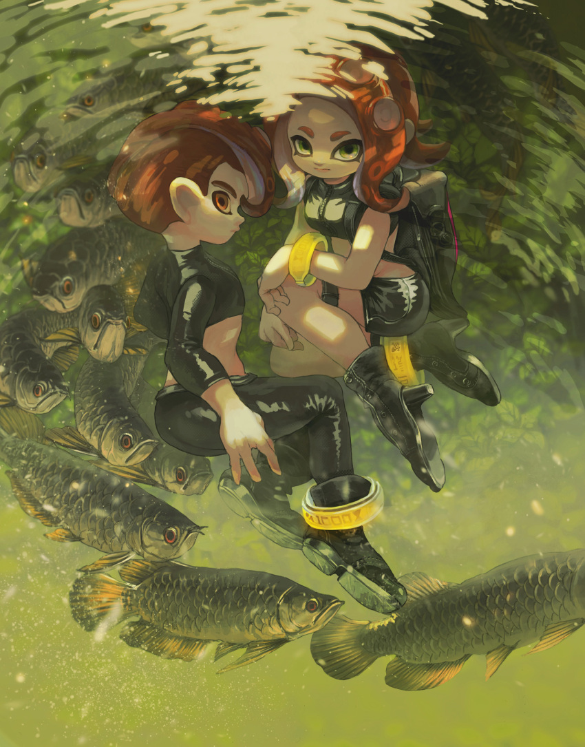 1boy 1girl backpack bag boots brown_eyes closed_mouth crop_top green_eyes high_heel_boots high_heels highres jacket leather leather_boots leather_jacket leather_pants long_sleeves midriff minato_(minat0) octoling octoling_boy octoling_girl pants red_eyes salmon shirt sleeveless sleeveless_shirt splatoon_(series) splatoon_2 tentacle_hair thick_eyebrows thigh_strap yellow_bracelet